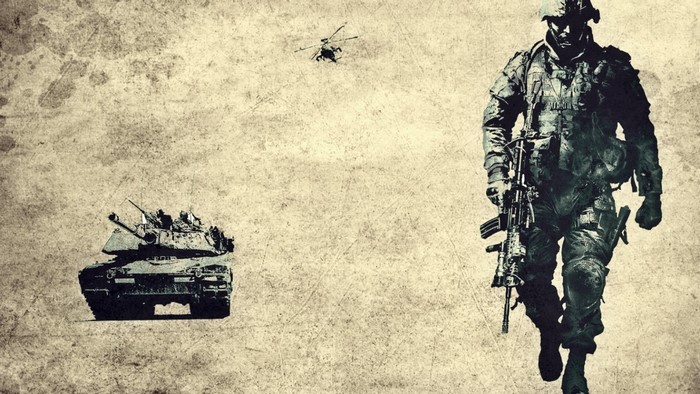 Soldier, Tank, and Helicopter in Battlefield