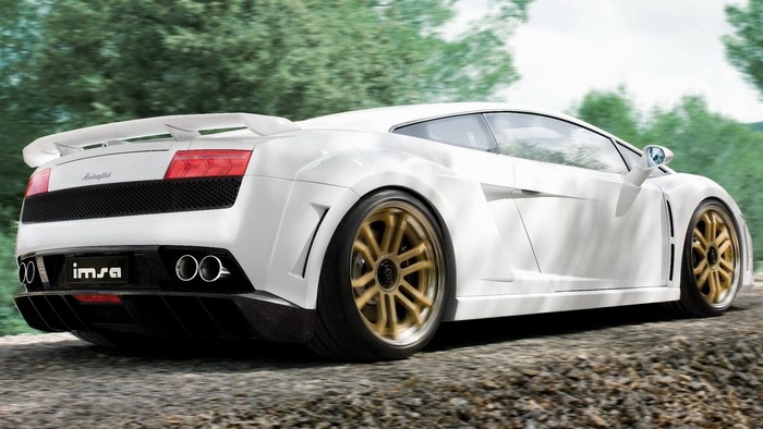 White IMSA Lamborghini Gallardo on a dirt road