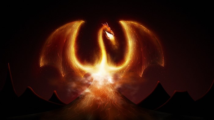 Fiery Phoenix Dragon Emerging from Volcano