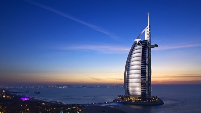 Burj Al Arab hotel at dusk
