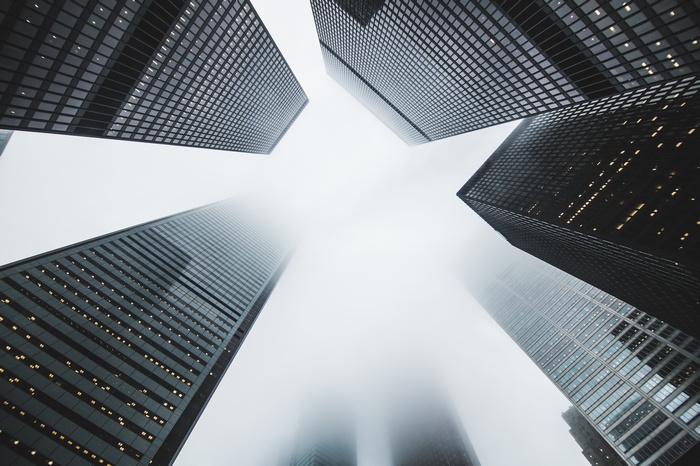 Skyscrapers in fog, 4K