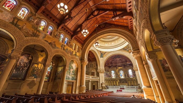 Cathedral Interior with Stained Glass and Murals
