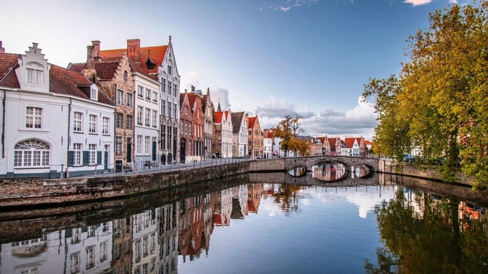 Bruges Belgium Cityscape with Canal and Bridge