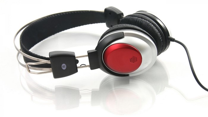 Silver and red headphones with black headband