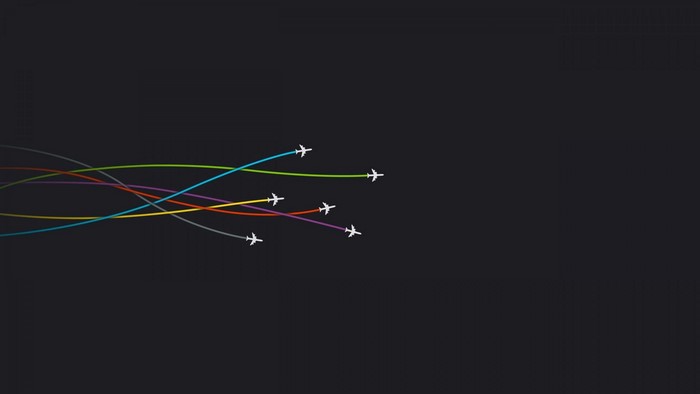 Minimalist airplanes flying on colorful trails