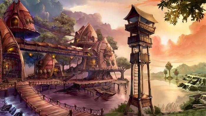 Fantasy village with treehouses and a watchtower by the water