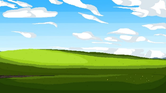 Pixel art landscape with rolling green hills and clouds