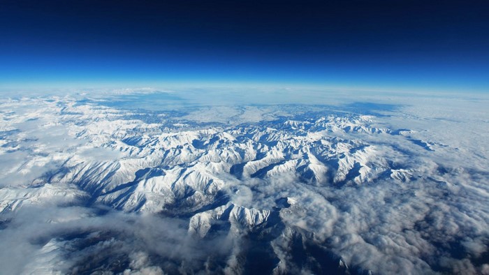 Aerial view of snow-covered Pyrenees mountain ranges