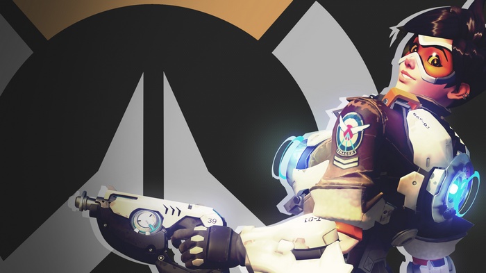 Tracer from Overwatch holding a weapon