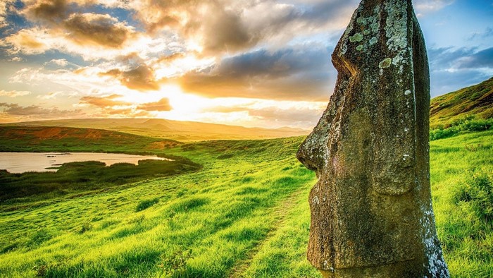 Easter Island Head Moai Statue at Sunset