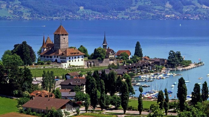 Castle on a lake with boats and mountains
