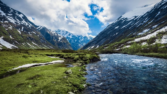 Snow-capped mountains and a river in Norway