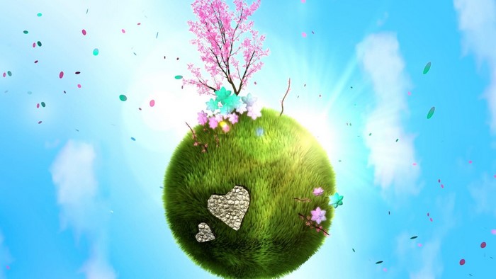 Green planet with cherry blossoms and confetti