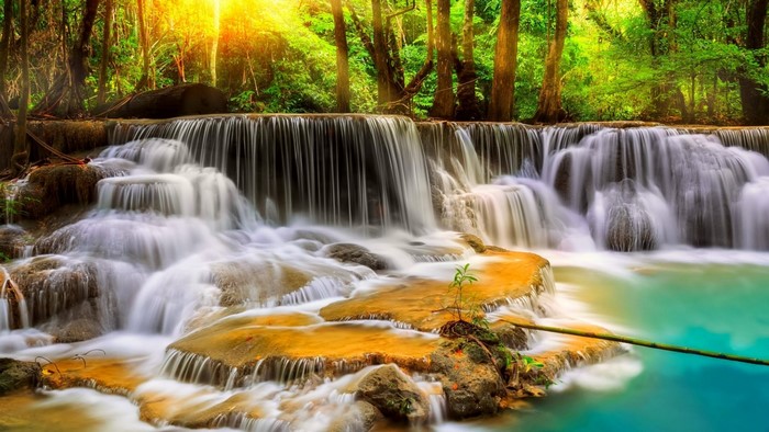 Erawan Waterfall in a Lush Forest