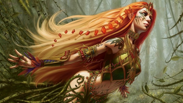 Fairy with long blonde hair in a forest