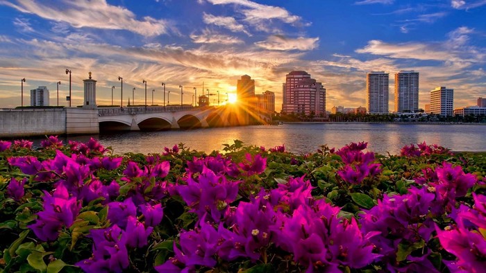 Palm Beach Florida Skyline at Sunset with Flowers
