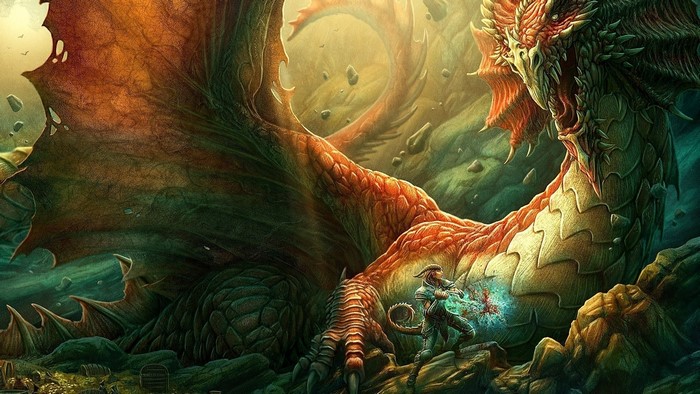 Dragon fighting a warrior in a fantasy landscape