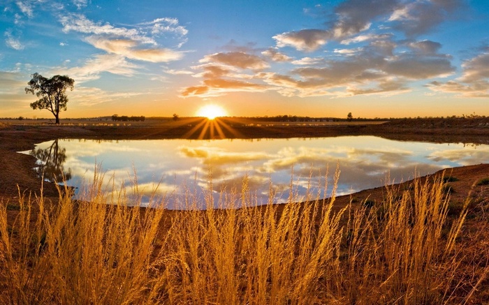 Sunset over a waterhole with dry grass in the foreground