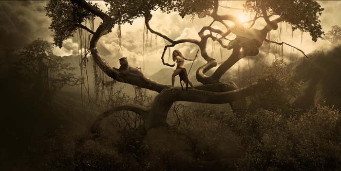 Girl with Black Panther and Snake in Jungle 4K