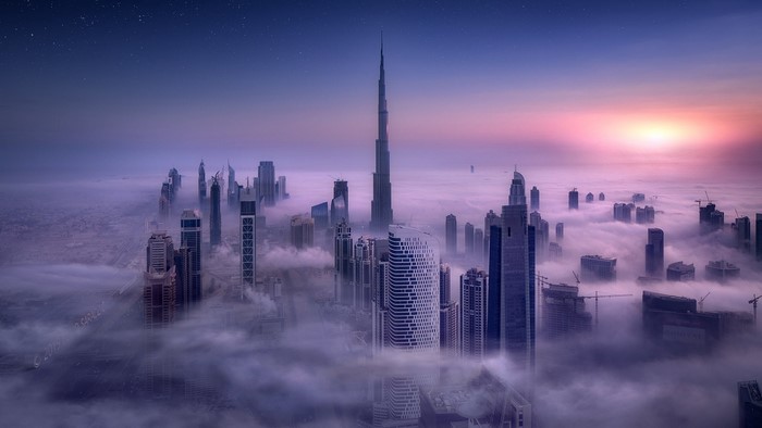 Dubai Skyline in Fog at Sunrise