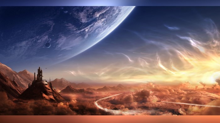 Alien planet with city and large planet in sky