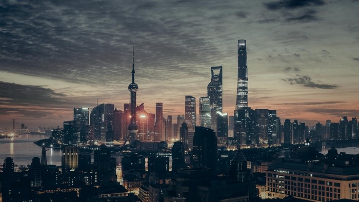 Shanghai skyline at dusk with Oriental Pearl Tower