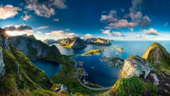 Panoramic view of Reinebringen mountains and village, Norway