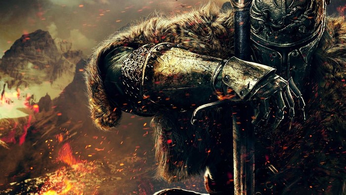 Knight in armor with sword in fiery mountains