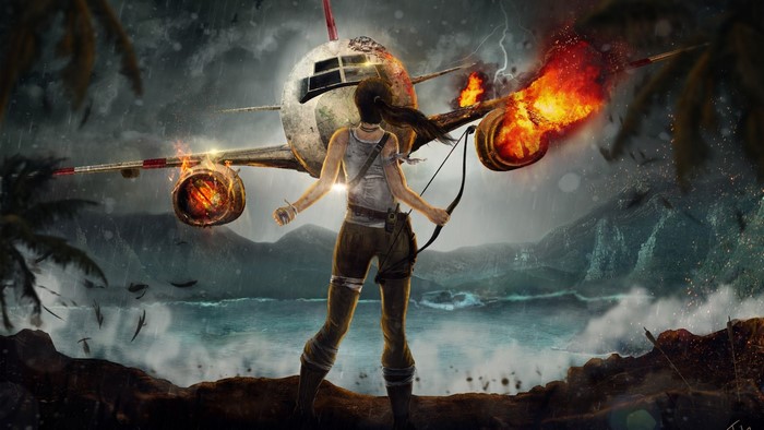 Lara Croft with burning airplane crash