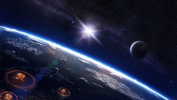 Earth from Space with Sun and Moon
