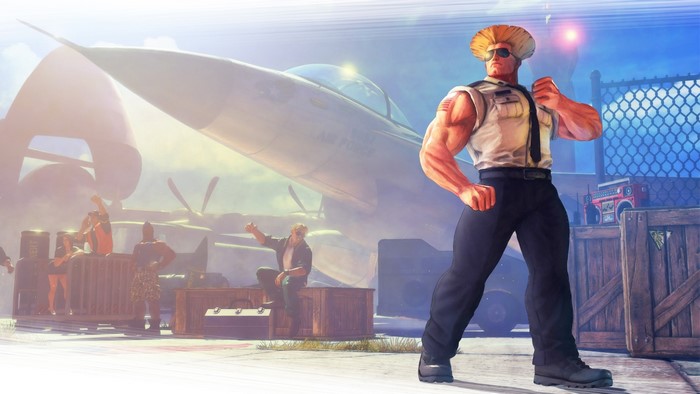 Guile from Street Fighter V with an airplane