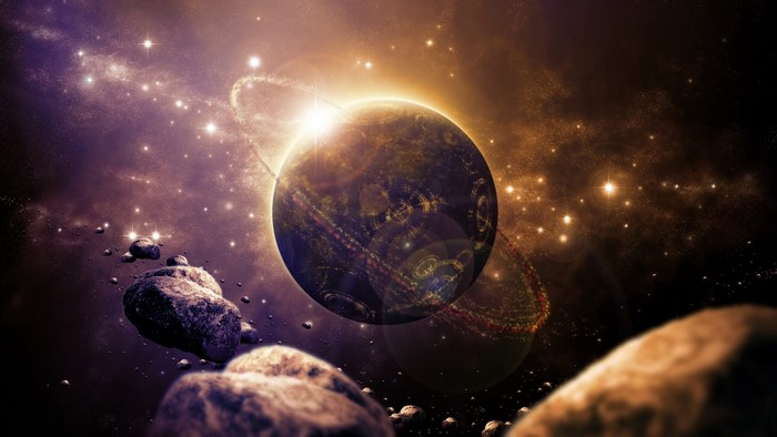 Planet with rings and asteroids in space