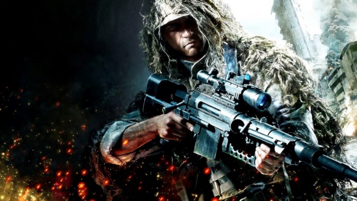 Soldier with sniper rifle in destroyed city