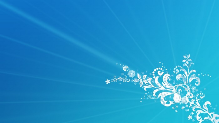 White floral design with headphones on blue background