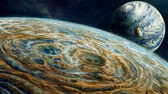 Jupiter and its moon in space