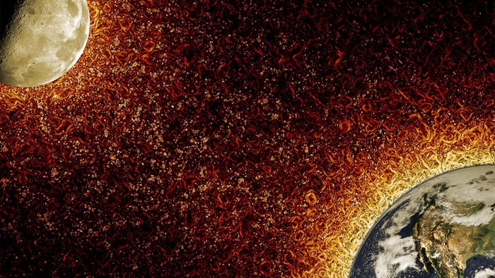 Earth and Moon in a fiery cosmic landscape