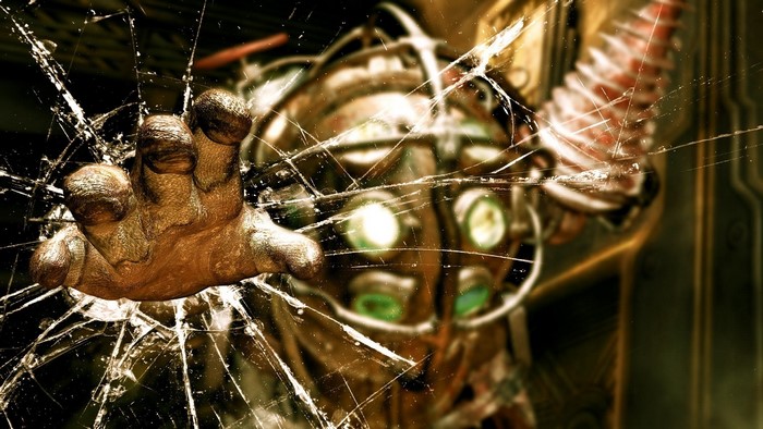 Big Daddy reaching through cracked glass
