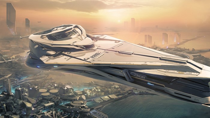 Star Citizen spaceship flying over a futuristic city