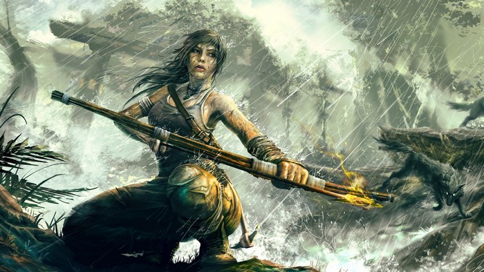 Lara Croft in a jungle with wolves