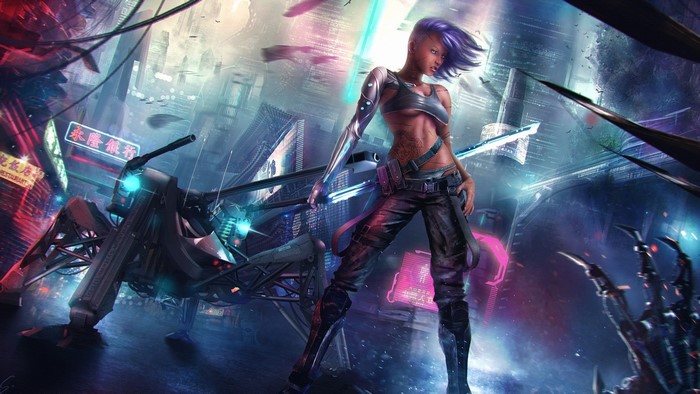 Cyberpunk woman with cybernetic arm and sword