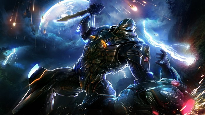 Robots fighting on a planet with lightning