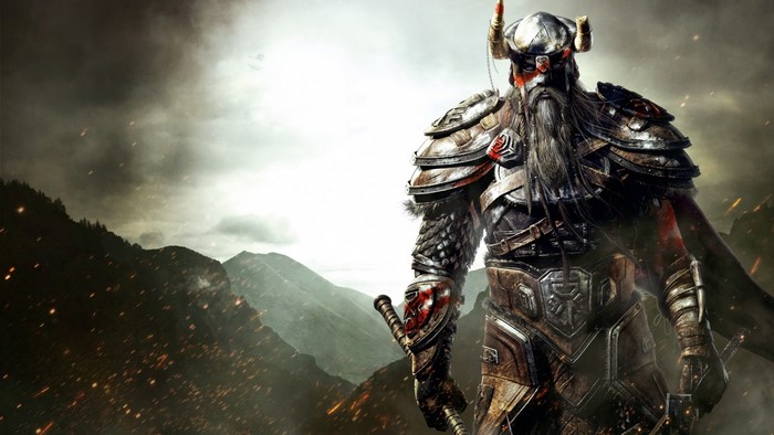 Viking warrior with sword and shield in mountains