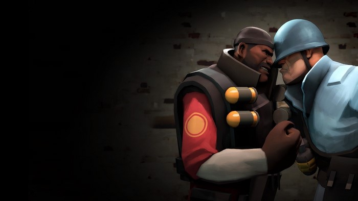 Two soldiers from Team Fortress 2 facing off
