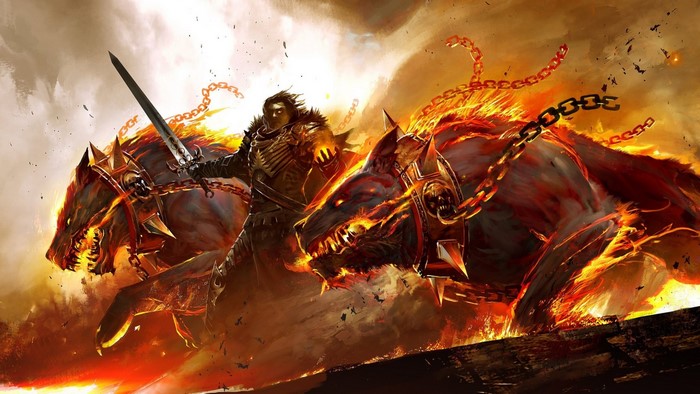 Man riding flaming hellhounds in Guild Wars 2