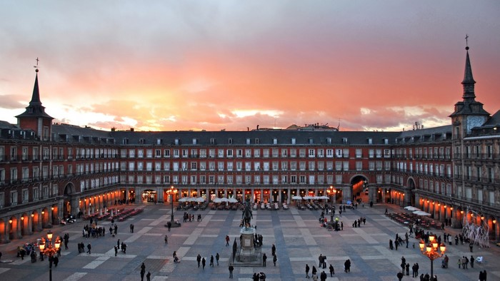 Plaza Mayor Madrid Spain at Sunset