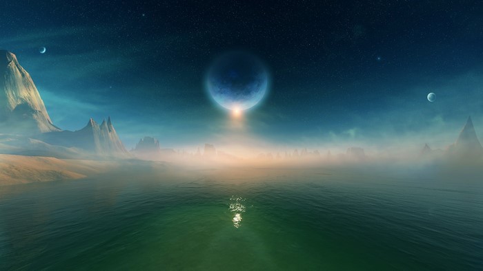 Alien planet with large moon and ocean