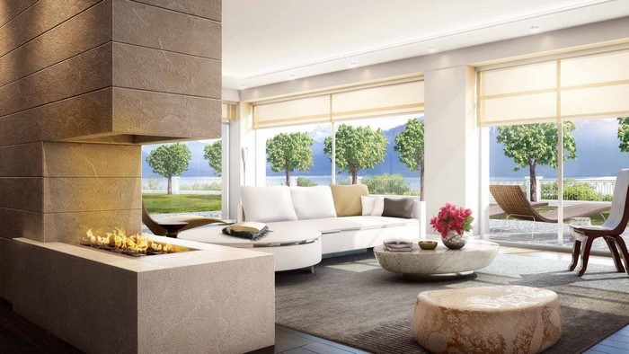 Modern living room with fireplace and scenic view