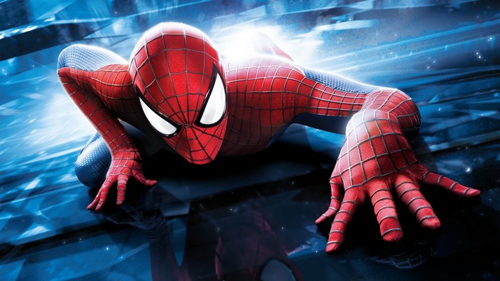 Spiderman crawling on a blue surface