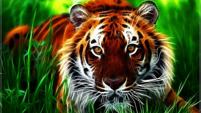 Tiger face with glowing stripes in green grass