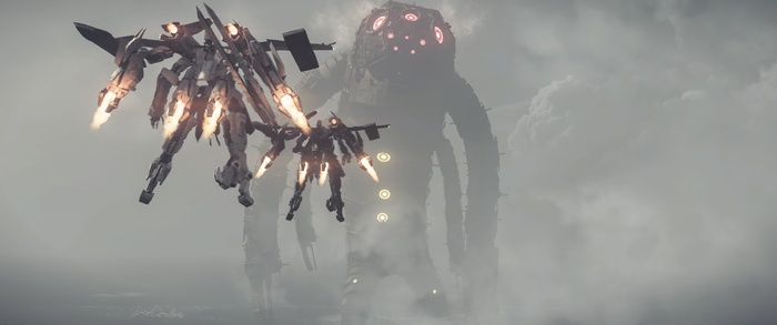 2B and 9S from Nier: Automata fighting a giant machine